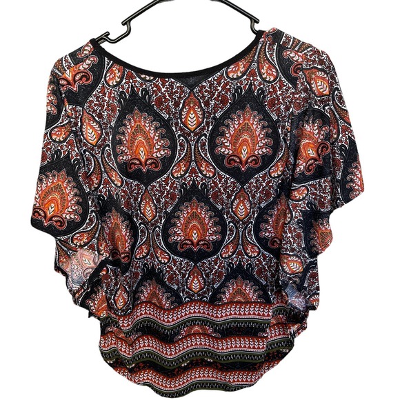 Lavish Blouse Womens Small Black Orange Batwing Paisley Office - Picture 1 of 8
